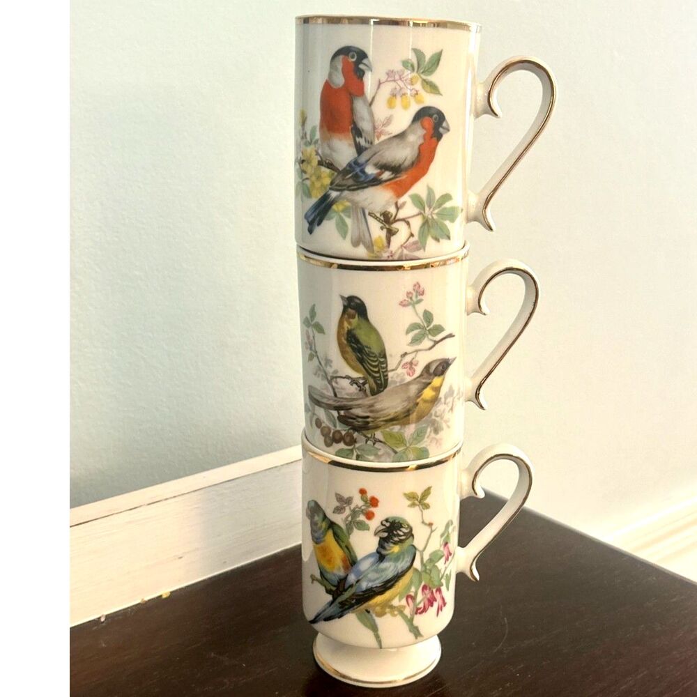 Set of 3 Royal Crown  Footed Bird Mugs | Vintage Cottagecore Cups